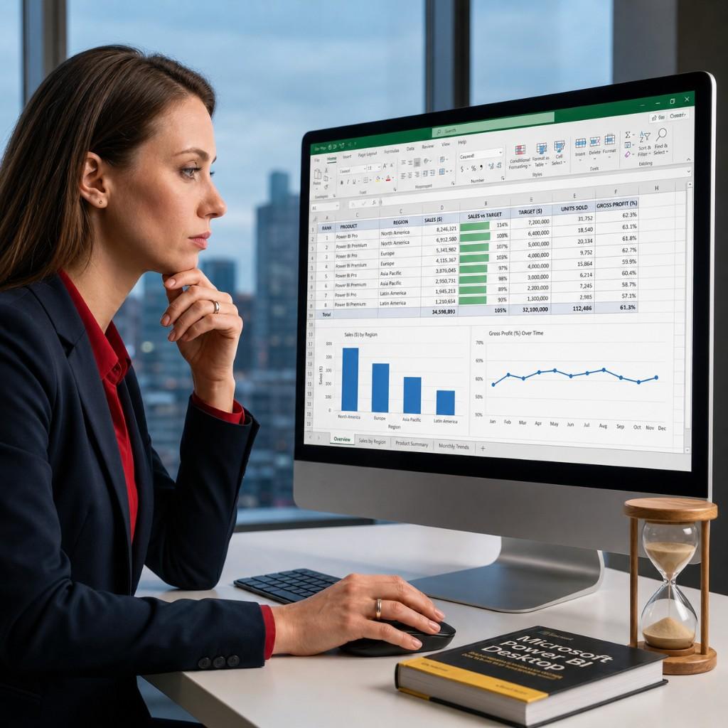 Excel zu Power BI Migration: Business-Analystin mit komplexem Excel-Report am Bildschirm — typischer Ausgangspunkt für ein interaktives Power BI Dashboard