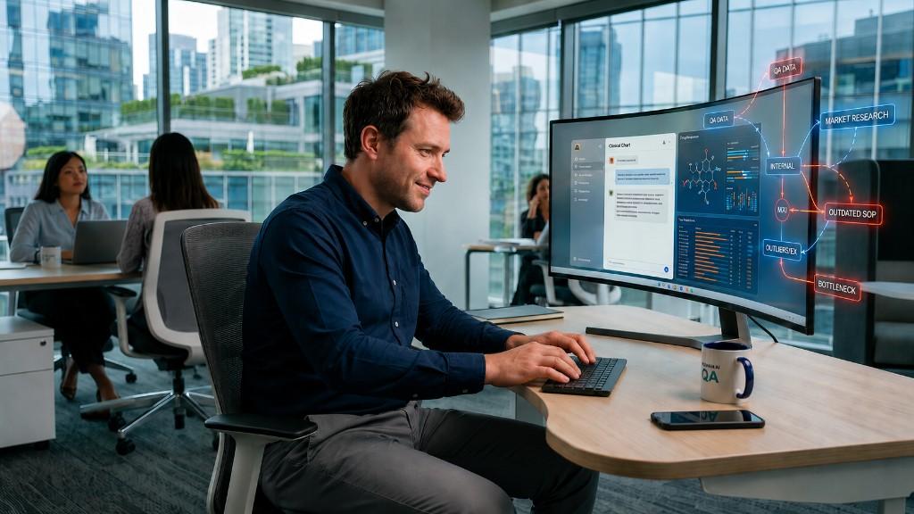 Warum DBI Analytics: Business-Analyst am Ultrawide-Monitor mit Power-BI-Dashboard, Datenfluss und KPIs — Excel-zu-Power-BI-Migration mit ABIS, Local-First und Governance ohne Cloud-Umwege