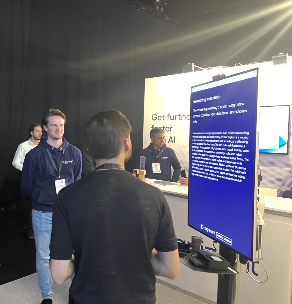 Cognizant AI-Demo auf dem World Summit AI mit einem interaktiven Display. -- Cognizant AI zeigt Echtzeit-Generierungsfähigkeiten auf dem World Summit AI.
