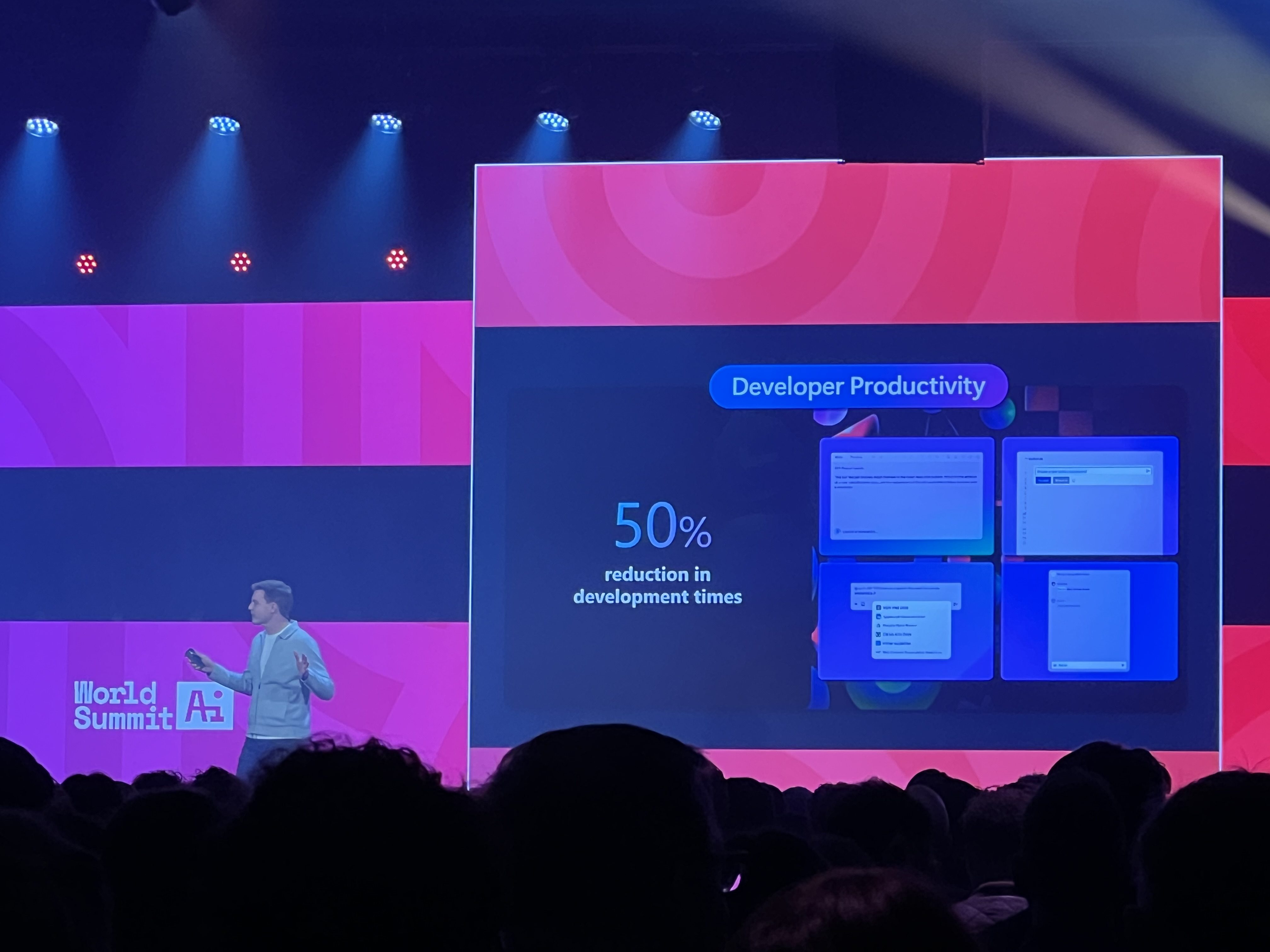 Präsentation zur Steigerung der Entwicklerproduktivität auf dem World Summit AI. -- Präsentation zur Produktivitätssteigerung: 50 % Reduktion der Entwicklungszeiten.
